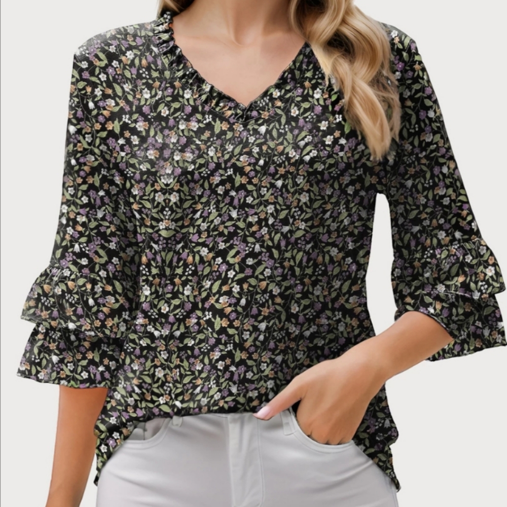 NWT Womens XL Black Floral 3/4 Sleeve V-neck ruffled sleeve Flounce Blouse